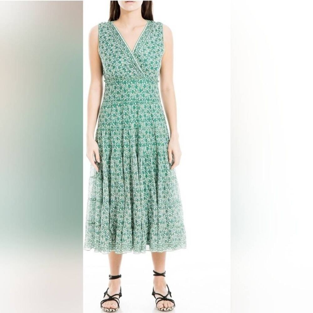 Max‎ Studio Dress 3XL Plus Midi Tiered Sleeveless Floral Boho Green
